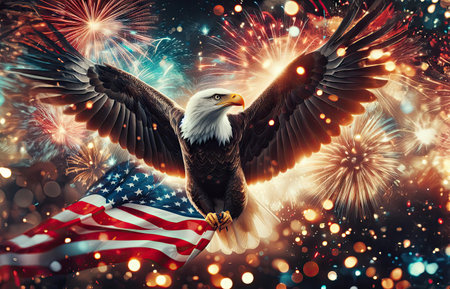 Beautiful eagle and USA flag waving against sky and salute in honor 4th July, independence day, idea for a background or postcardの素材