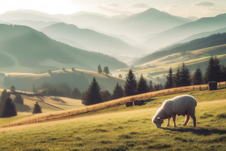 Young sheep grazes in meadow in spring against backdrop mountains and the setting sunの素材