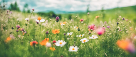 Banner beautiful cosmos flower field, spring or summer natural landscapeの素材