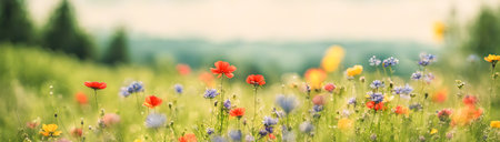 Beautiful field meadow flowers in morning, nature landscape, close-up macro. Wide format, copy space.の素材