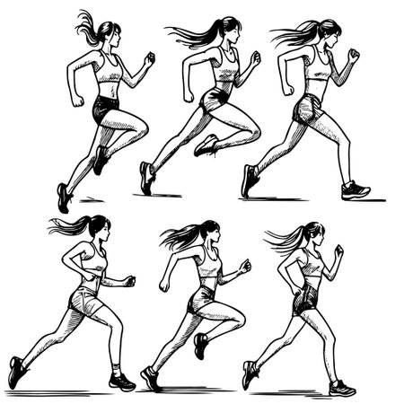 Hand sketch of a running woman and doing sports, a set of different exercisesのイラスト素材
