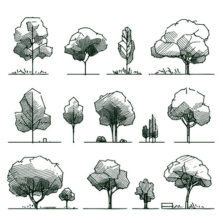 Set hand drawn architect tree sketches. Perfect for architectural illustration landscapeのイラスト素材