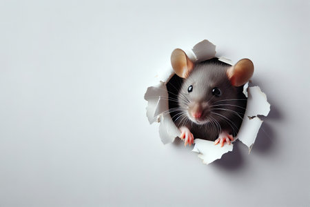 Rat crawling out hole in the wall, pest conceptの素材