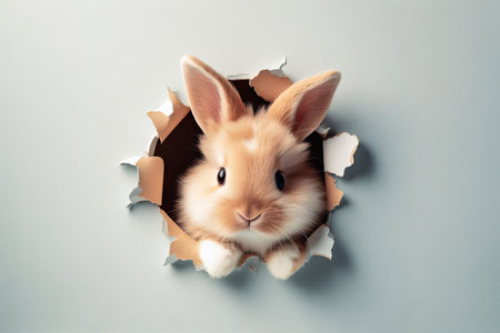 Cute Easter rabbit looking out from ripped paper backgroundの素材