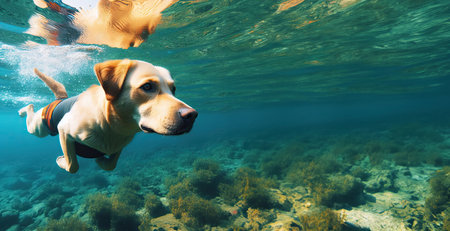 funny dog dives under water, tourism and vacation concept.の素材