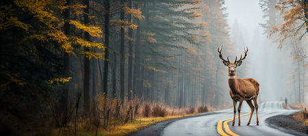 deer stands on the road in the fog on the roadwayの素材