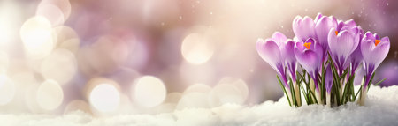 Banner Purple crocuses growing through the snow in early spring against a bokeh backgroundの素材