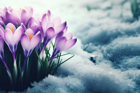 Purple Crocus growing in the early spring through snowの素材