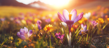 Beautiful purple crocuses outdoors. Close-up. Delicate natural background. Spring seasonの素材