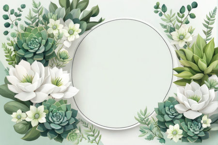 Border frame with succulent flowers with round frame for lettering on green background, suitable for greeting card with place for textの素材