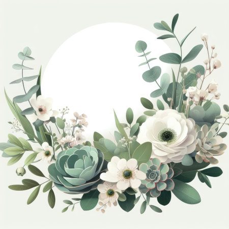 Floral border frame in circle shape with white copy space background, for your advertising, discounts and salesの素材