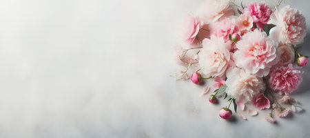 Banner bunch of pink flowers on top concrete counter to with pink peoniesの素材