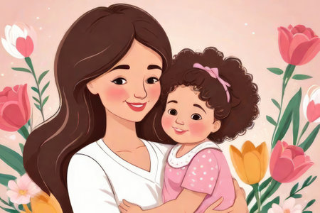 Young child giving flowers to her Mom on Mothers day as a present. Family love.の素材