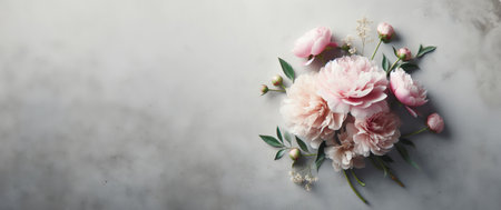 Banner bunch of pink flowers on top concrete counter to with pink peoniesの素材