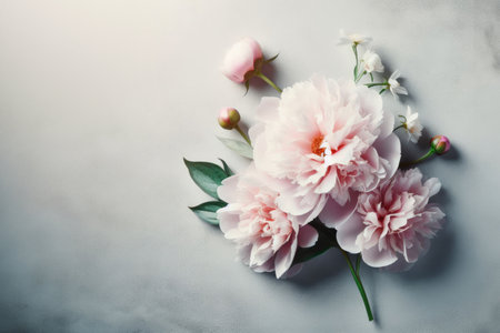 Beautiful bouquet fresh pink peony flowers in full bloom on gray background, close up, top view. Copy space. Concept of happy Mother's day, Birthday card or Valentine's Day.の素材