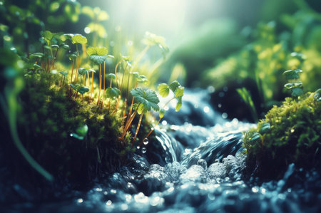 Gentle light spring illuminates slowly flowing stream, and scenery spring where young grasses and sprouts begin to grow, concept protecting nature and awakening natureの素材