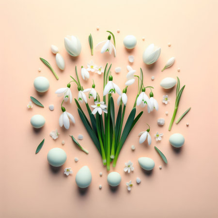 Snowdrops flowers in circle shape on colored paper background. Creative congratulations layout from snowdrops. Spring flower concept.の素材
