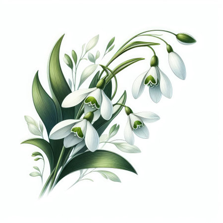 Snowdrop flowers blooming in snow covering. First flowersの素材