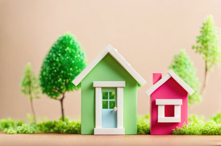 Green house concept, Environmental concept, toy house with flower bed on a colored backgroundの素材