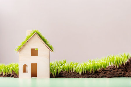 Miniature toy model house in wooden background near green backdrop Eco Village, colored background Real estate mortgage property insurance dream home ecology concept.の素材