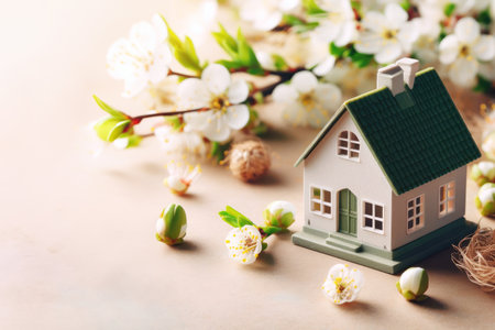 House model and flowering branches on wooden background. Concept of mortgage and real estate loansの素材