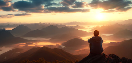 Banner young woman Hiker rest on edge high cliff with sunset views of and mountains.の素材