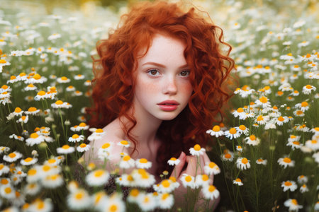 Portrait caucasian red-haired woman sitting in field daisies. Closeup portrait. Beautiful young girl. Chamomile flower field at sunsetの素材