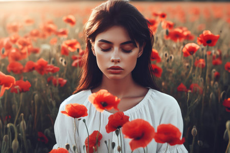 girl in a white dress in a field of poppies on a sunset backgroundの素材