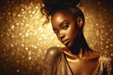 Banner beauty model African American girl on holiday golden background, woman with beautiful make up and curly hair style wearing gold dress, golden glow, festive celebration, copyspace.の素材