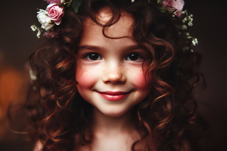 close-up portrait beautiful girl with flowers on her head on dark background looking at the cameraの素材