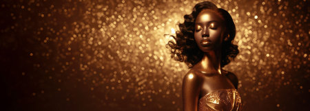 Banner beauty model African American girl on holiday golden background, woman with beautiful make up and curly hair style wearing gold dress, golden glow, festive celebration, copyspaceの素材