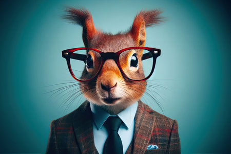 Anthropomorphic squirrel character in a business suit and glasses. on colored backgroundの素材