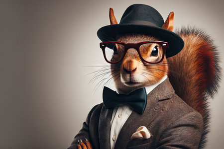 Stylish portrait dressed up imposing anthropomorphic squirrel wearing glasses and suit on vibrant color background with copy space. Funny pop art illustrationの素材