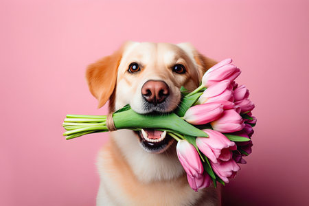 dog with tulips in its mouth on pink background, universal card for March 8 Women's Day and Mother's Day and Birthdayの素材