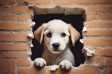 Cute Puppy peeking out of a hole in wallの素材