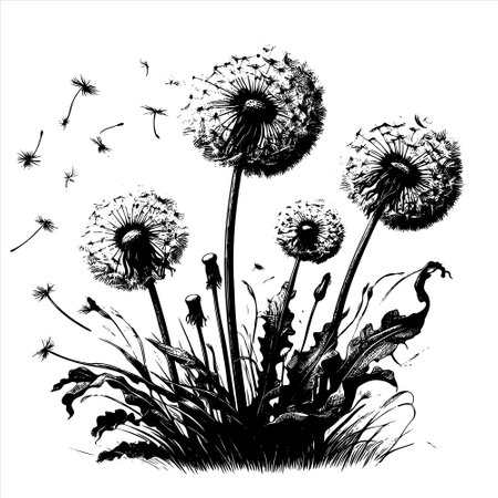Sketch Decorative blooming dandelions with fluffy flying seeds vector background illustration. Hand drawn fluffy dandelionsのイラスト素材