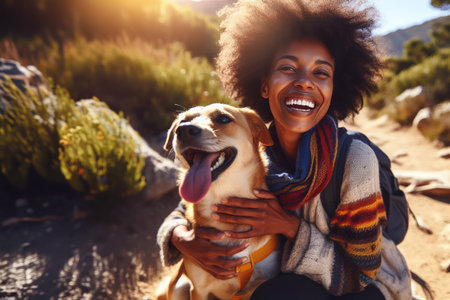 banner woman traveler with a dog in the mountains.の素材