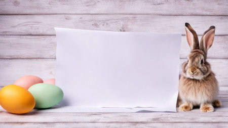 postcard for text, Adorable rabbit with colorful Easter eggs on background wih copy space. Traditional holidayの素材