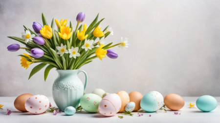 Banner Spring flowers in vase and multi-colored easter eggs on wall backgroundの素材