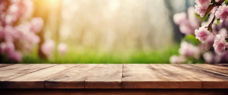 Empty wooden table in Sakura flower Park with garden bokeh background with a country outdoor theme, Template mock up for display of productの素材