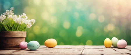 wooden table with basket flowers and Easter eggs in Sakura flower Park with garden bokeh background with a country outdoor themeの素材