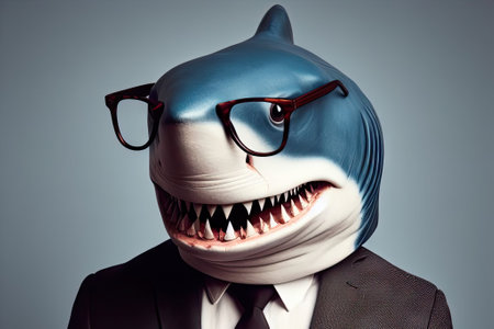 Anthropomorphic shark dressed in suit and glasses like businessman. Business Concept in retro style on backgroundの素材