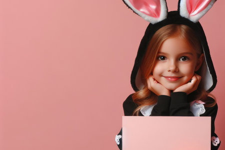 Portrait young happy girl wearing bunny ears, Easter card with place for textの素材
