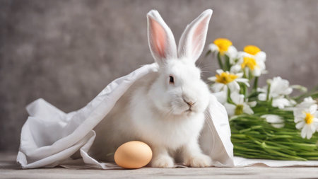 white rabbit sitting on the table, festive Easter moodの素材