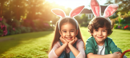 Little children with bunny ears gathering Easter eggs in garden on grass on a sunny dayの素材