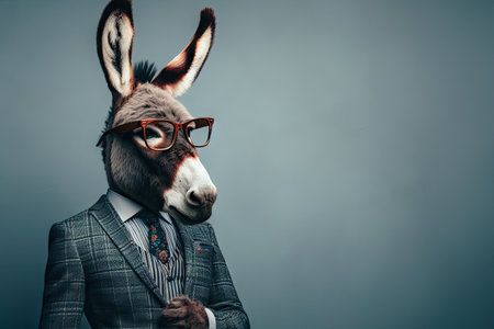 portrait stylish dressed up imposing anthropomorphic donkey wearing glasses and suit on background with copy spaceの素材