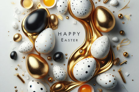 Variety black, white and gold decorated Easter eggs on a white surface and white backgroundの素材