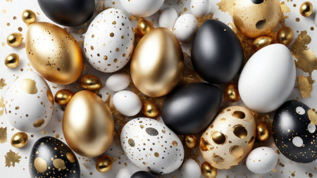 Stylish golden and black eggs easter concept. golden confetti white background. Flat lay trendy easter. Happy easter card.の素材