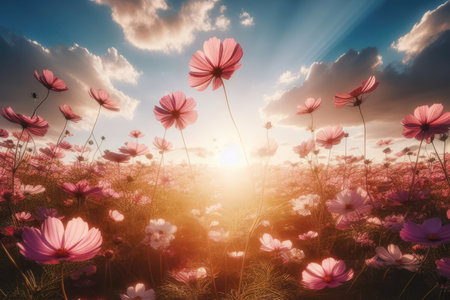 sunset pink flower colorful violet beautiful blooming background meadow nature field.の素材