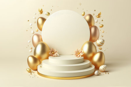 Happy Easter holiday white eggs and golden confetti with space for your design and advertisingの素材